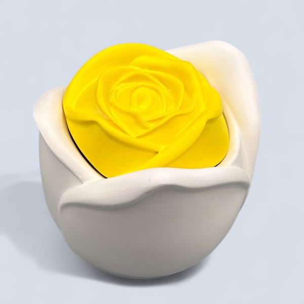 White trinket pot with yellow rose lid - handmade jewellery box or keepsake pot