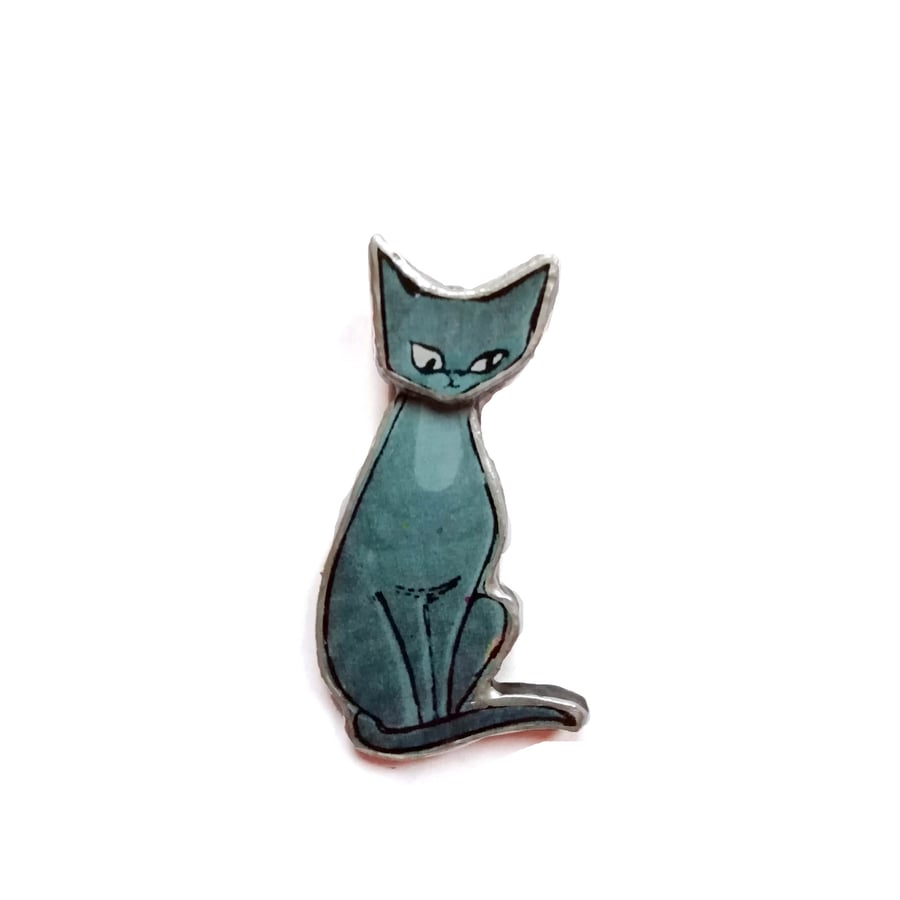 Whimsical retro blue grey siamese cat Brooch by EllyMental