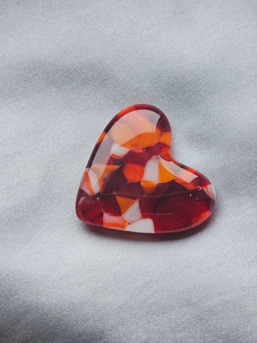 Fused Glass Pocket Heart - Deep red and coral