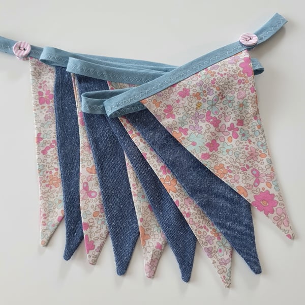 Dainty Floral and Polka Dot Denim Bunting on Soft Blue Binding