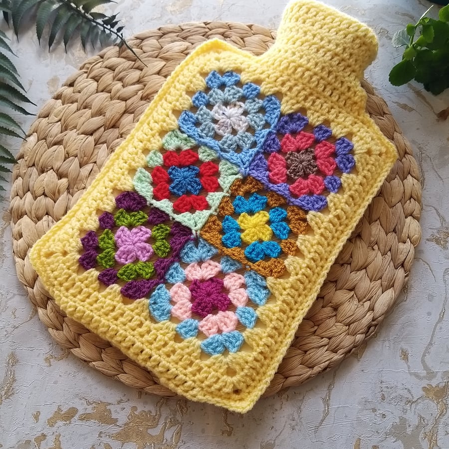  Crochet 'Happy Scrappy' Granny Square Hot Water Bottle Cover 