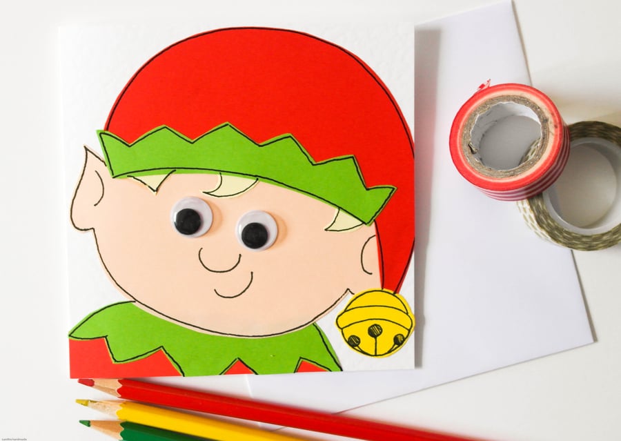 Elf handmade Christmas card, Whimsical Festive Elf Card,Christmas card for a kid