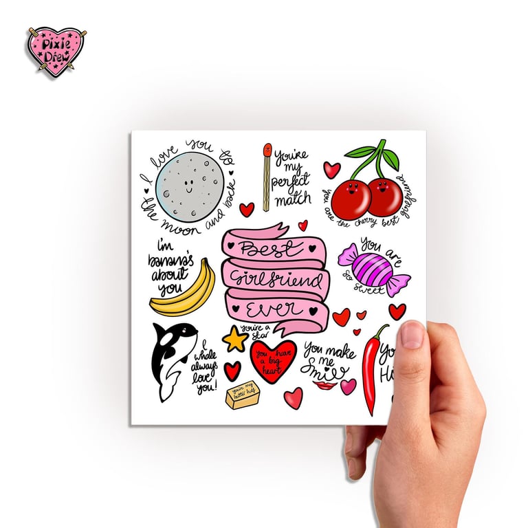 Girlfriend card with lots of punny illustrations