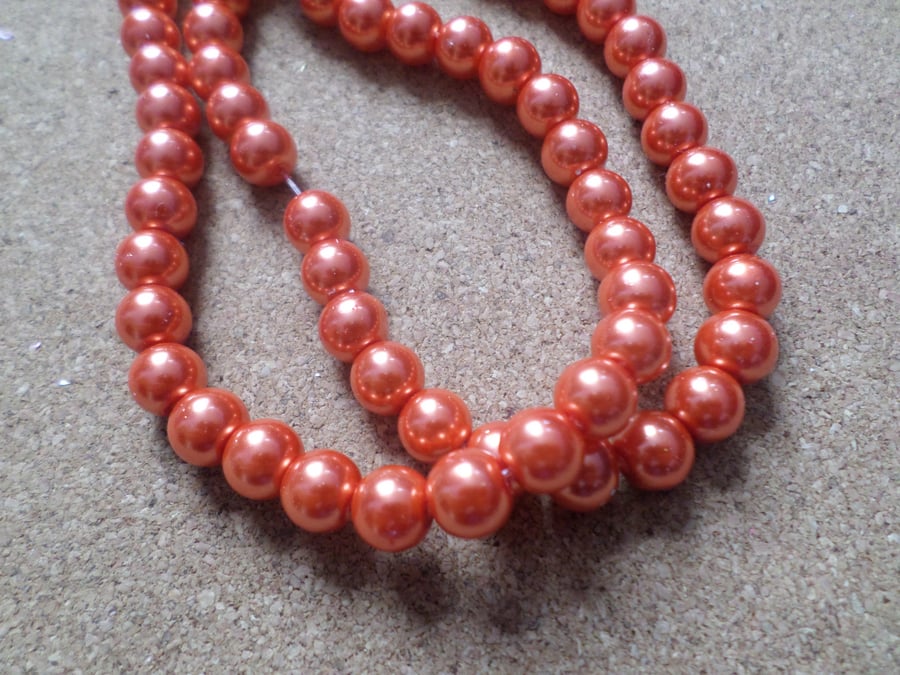 50 x Glass Pearl Beads - Round - 8mm - Orange 