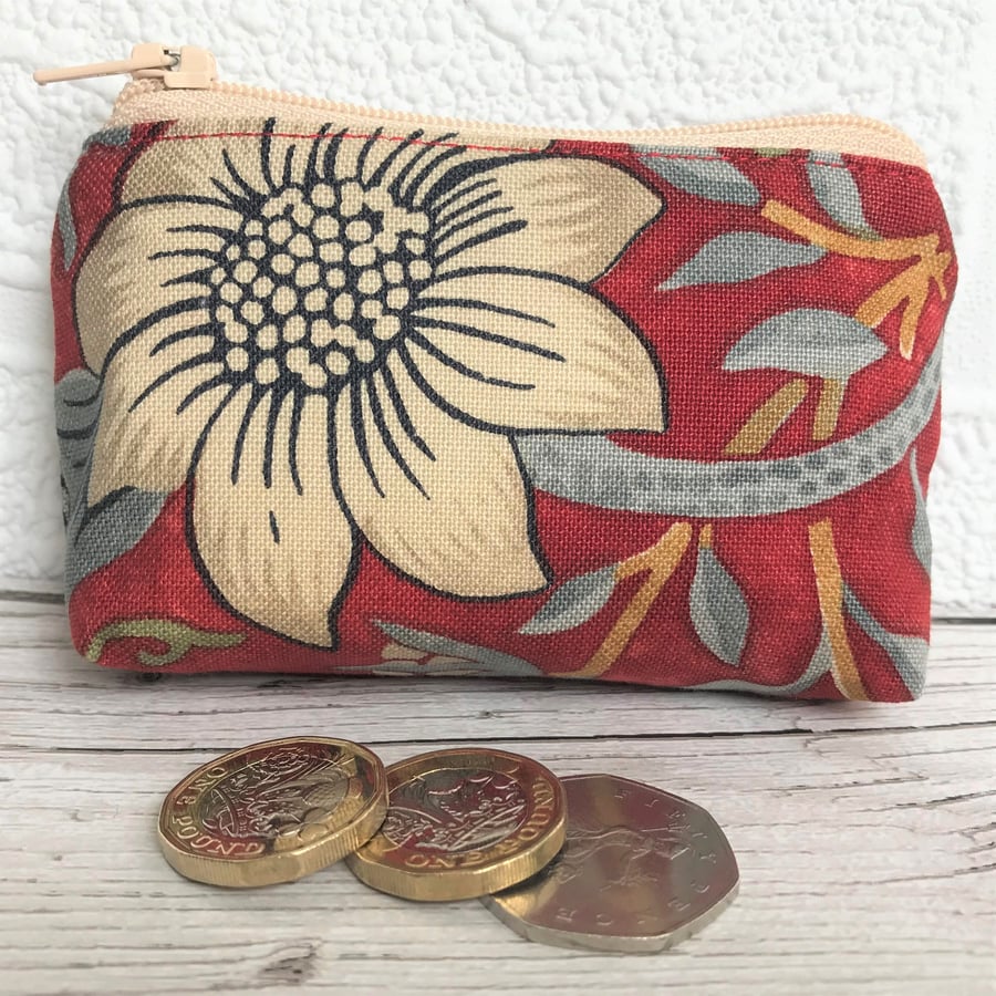 Small purse, coin purse in red William Morris Strawberry Thief fabric