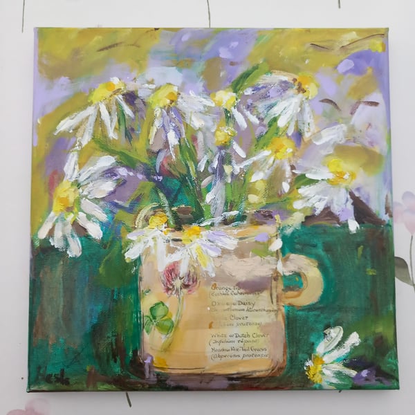 Daisys in a mug, still life on canvas