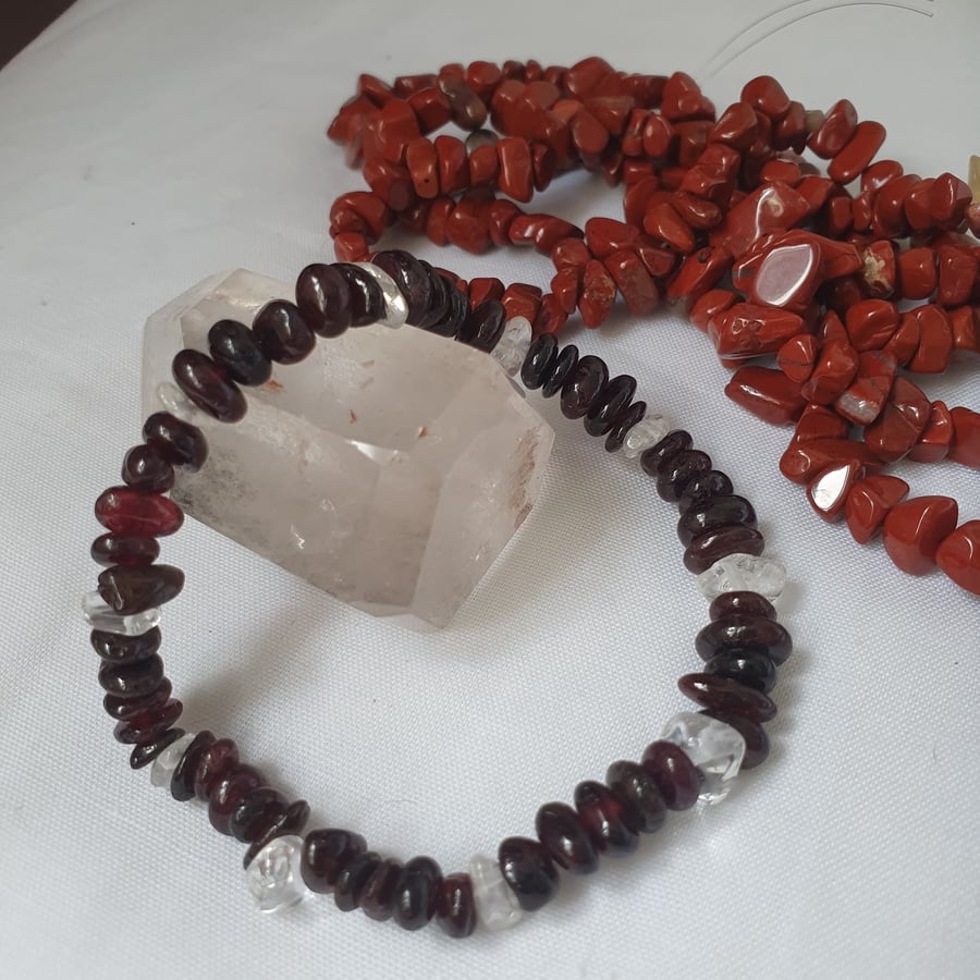 Red garnet and clear quartz stretch bracelet for energy