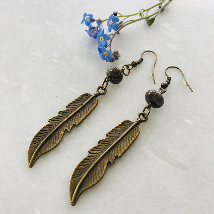 Boho Style Antique Gold Feather Dangle Earrings 