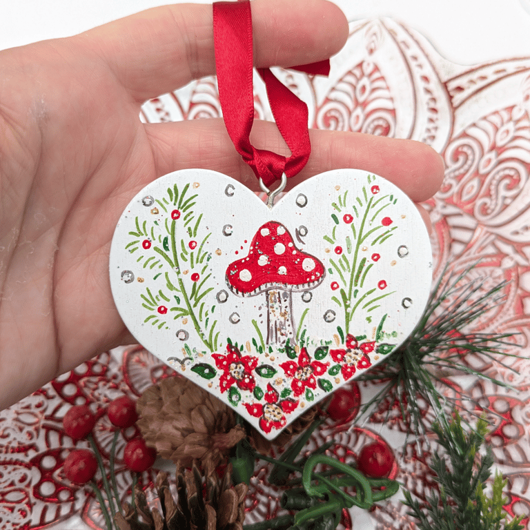 Toadstool hand-painted Christmas heart decoration 