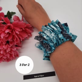 Ruffled scrunchie Green Black and white cotton,  3 for 2 offer. 