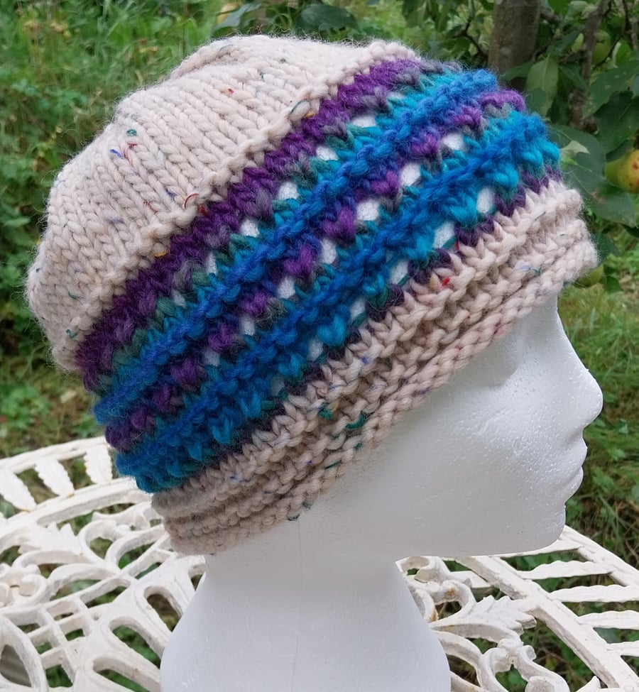 Handknit chunky wool hat col 3 Cream