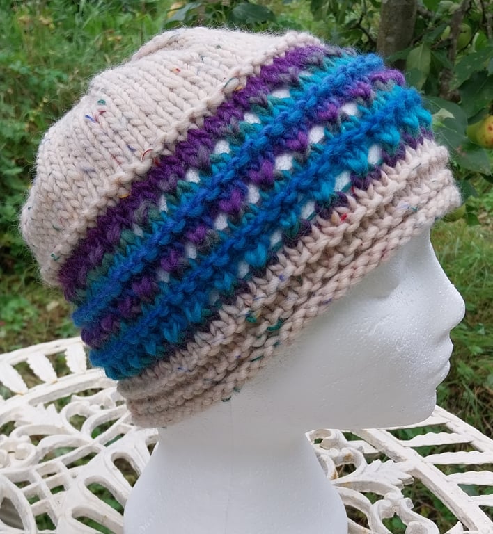 Handknit chunky wool hat col 3 Cream