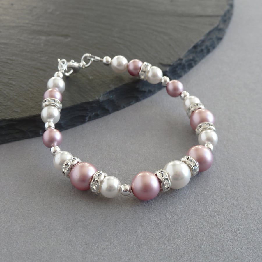 Dusky Pink Pearl and Crystal Bracelet - Rose Bridesmaids Jewellery - Wedding
