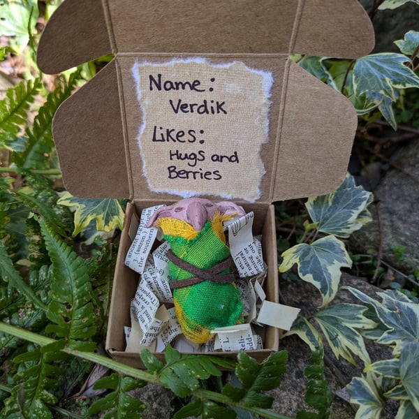 Green sleeping fairy, goblin art doll, adoption 