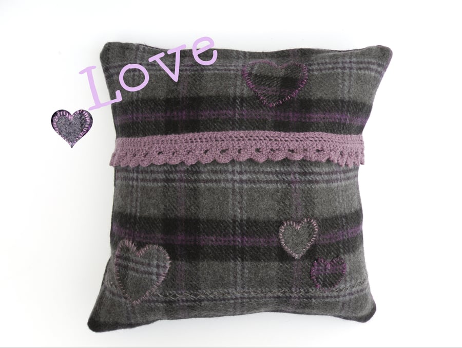 Wool cushion cover in slate grey with hearts 