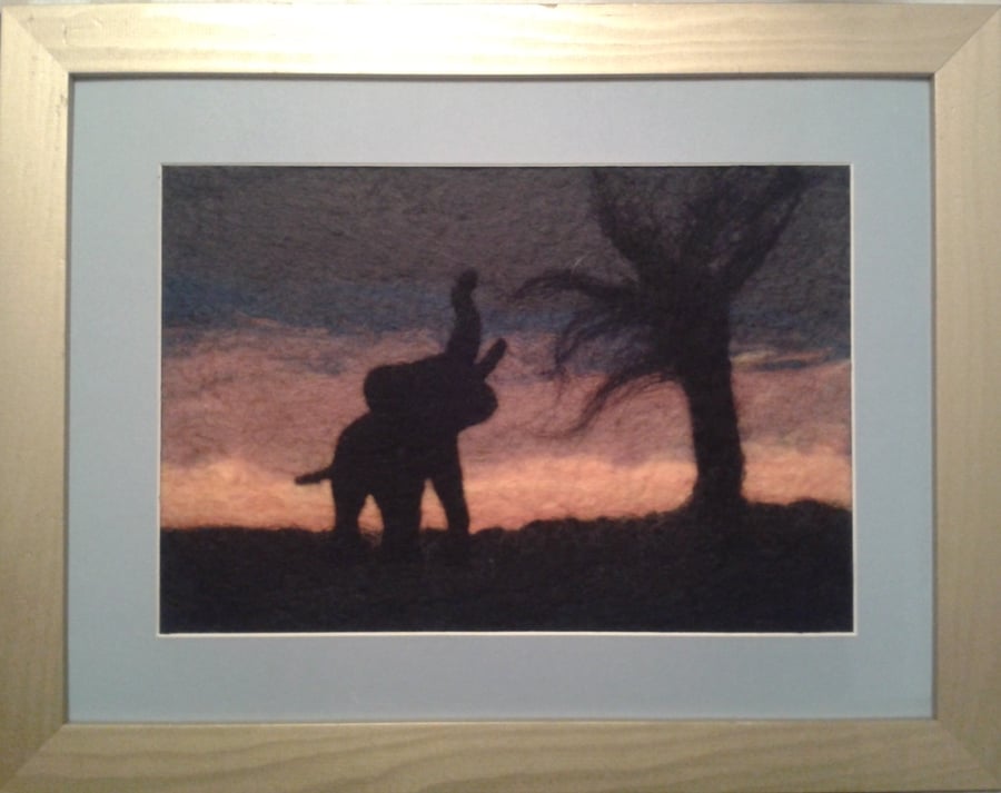 Felted Picture "Elephant in sunset"