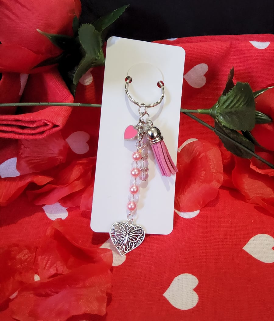 Valentines Beaded Keychain - Pink Filagree Heart