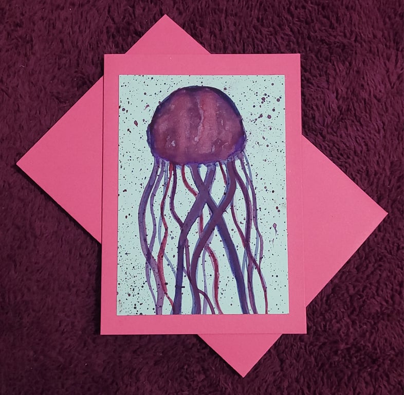 Jellyfish handmade watercolour blank card with pink envelope