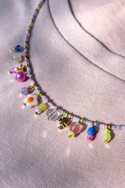 Lavender & Lime Handmade Beaded Charm Necklace – Colourful Boho Jewellery