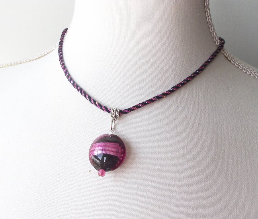 Handmade Necklace, Kumihimo Braid and Pink & Black Murano Glass Bead