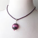 Handmade Necklace, Kumihimo Braid and Pink & Black Murano Glass Bead