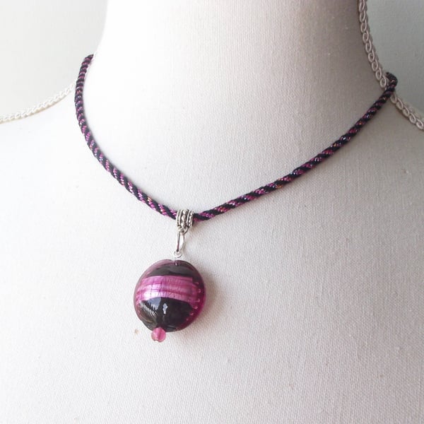 Handmade Necklace, Kumihimo Braid and Pink & Black Murano Glass Bead