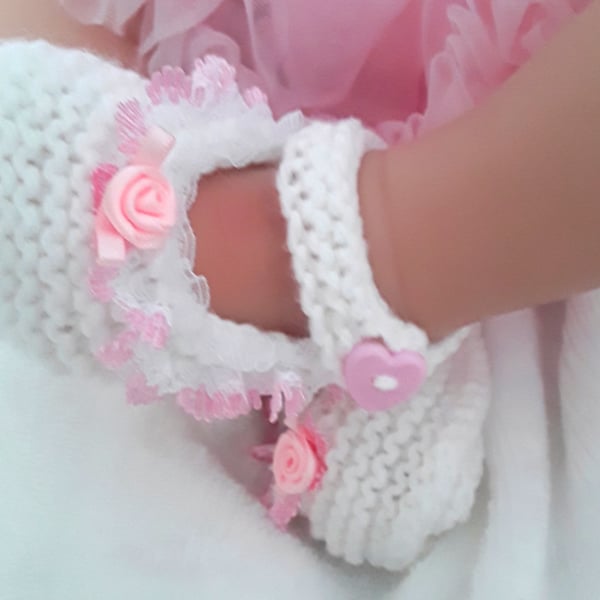 Knitted white baby girl booties Mary Jane shoes 