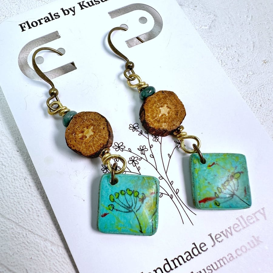 Image of Hand drawn mixed media earrings with oak beads