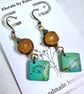 Hand drawn mixed media earrings with oak beads