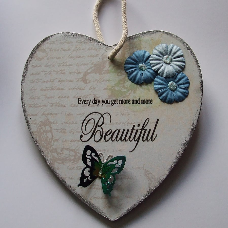 Decorated Wooden Heart Sign, Can Be Personalised, Blue Flowers and Butterfly