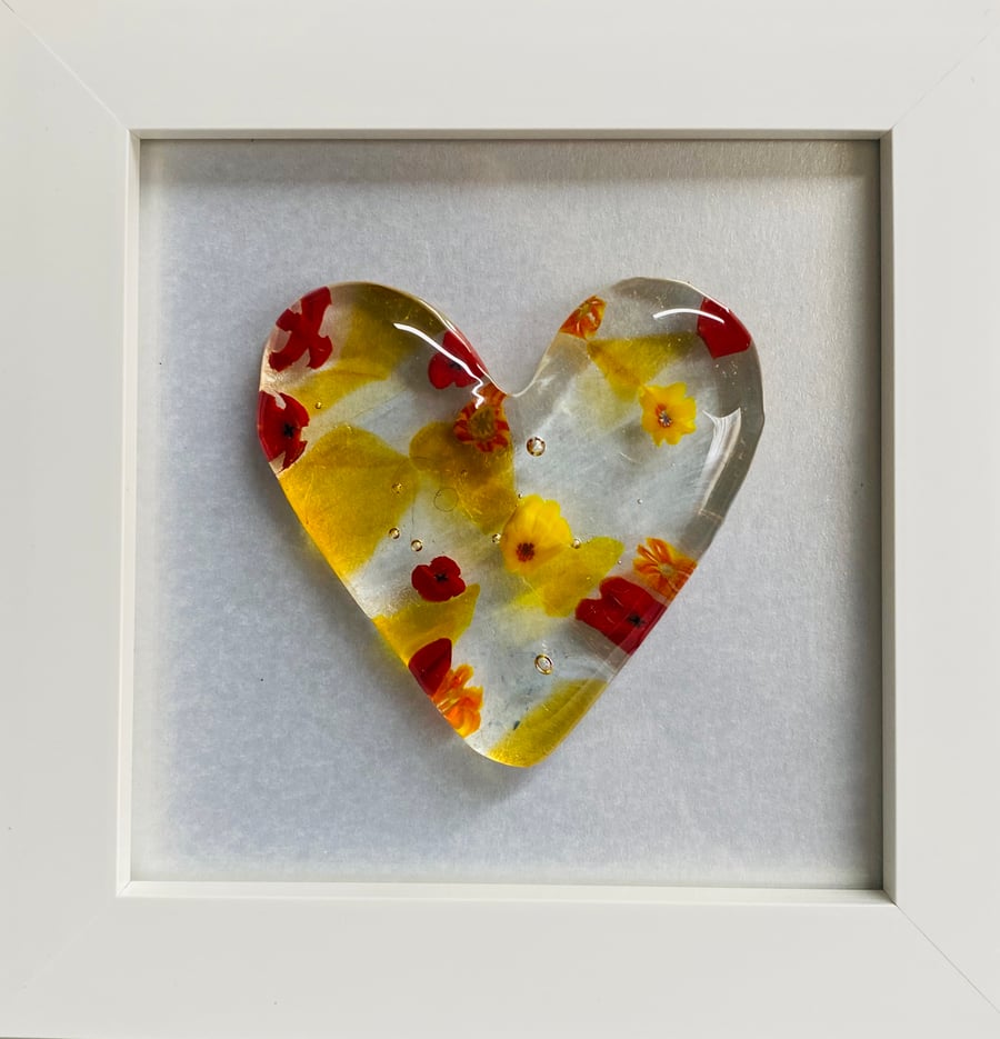 Fused cast glass heart with tiny sunflowers