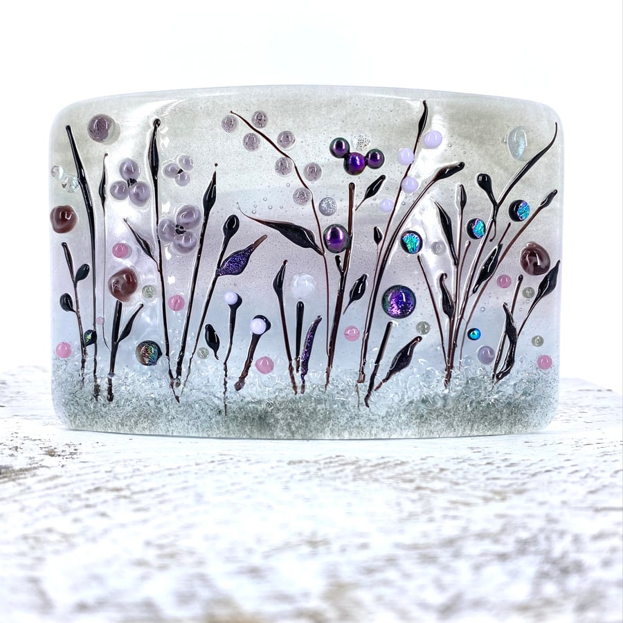 Glass Flower Meadow Panel in Grey, Purple & Black