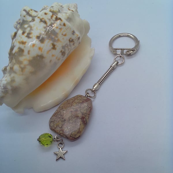 Brown Mottled Jasper Key Ring with Star Charm and Green Bead, Teacher's Gift