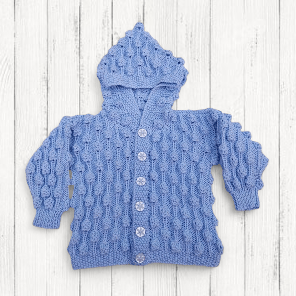 Baby cardigan in blue with hood and bobble pattern to fit 6 - 12 months 