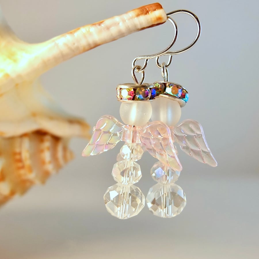 Christmas Earrings - Glass Angels With Pink Wings - Handmade In Devon