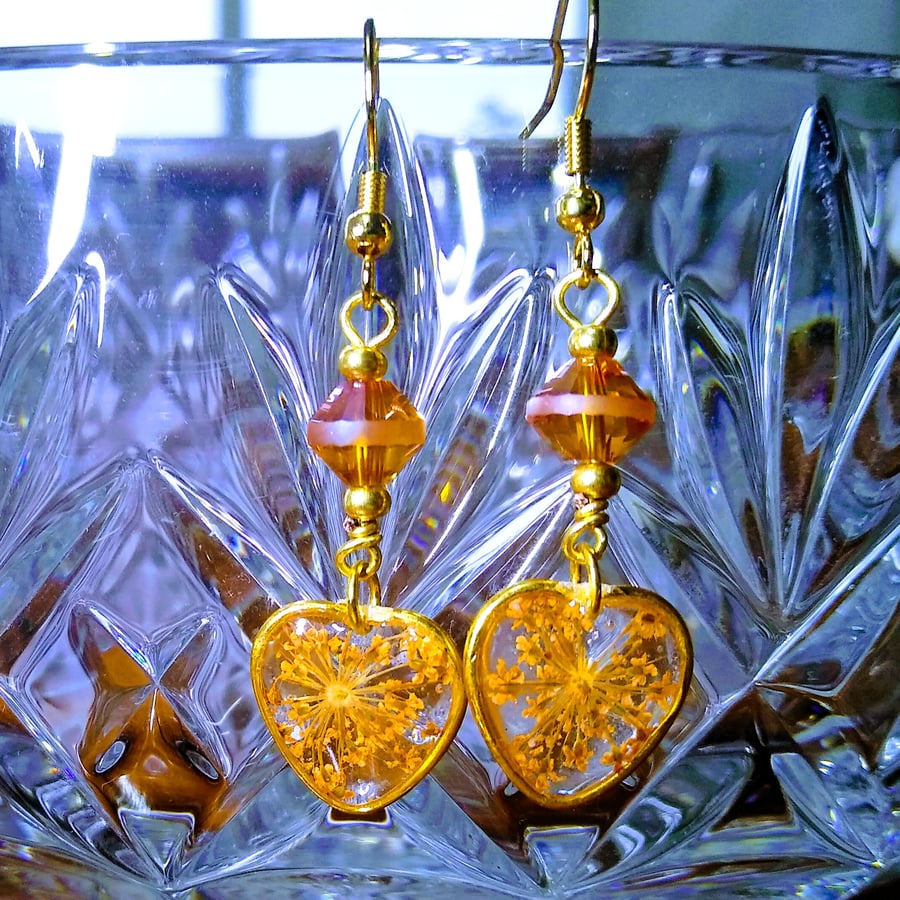 Orange Dried Real Flower Gold Heart Earrings, Real Flower Earrings