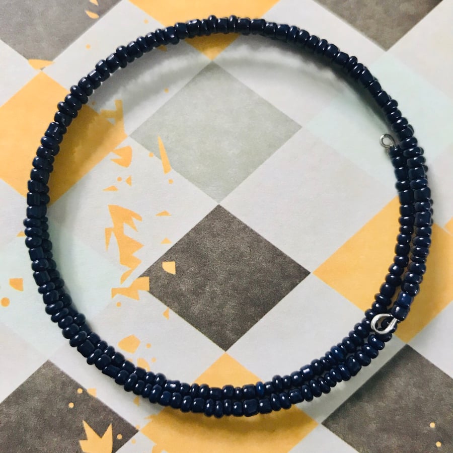 Navy Blue Beaded Memory Wire Bracelet 