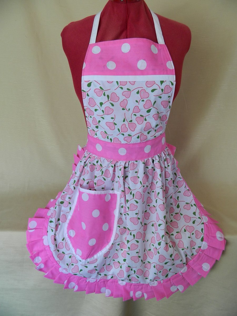 Vintage 50s Style Full Apron Pinny - Pink & White Hearts with Polka Dot Trim