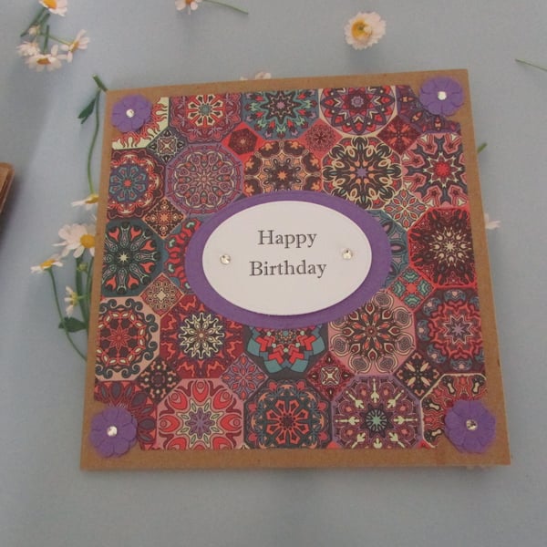 Happy Birthday Kraft Lined Card Mosaic Tile inspired Purple & Pink