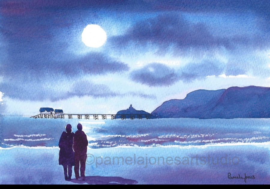 Moonlight Stroll To Mumbles, Swansea Bay, Watercolour Print in 14 x 11'' Mount