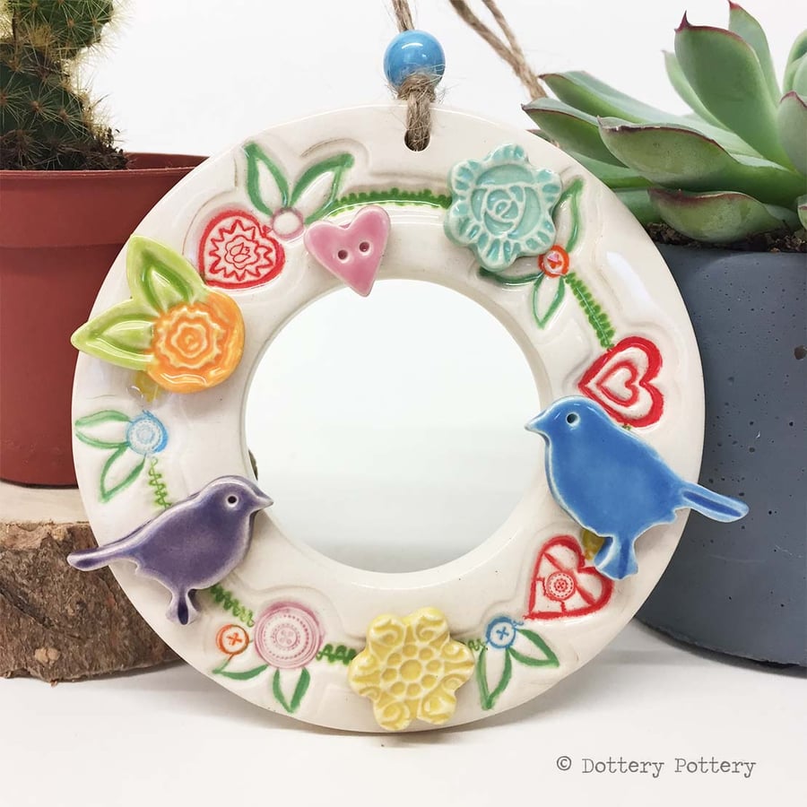 Small ceramic Spring wreath decoration with flowers and birds pottery birds