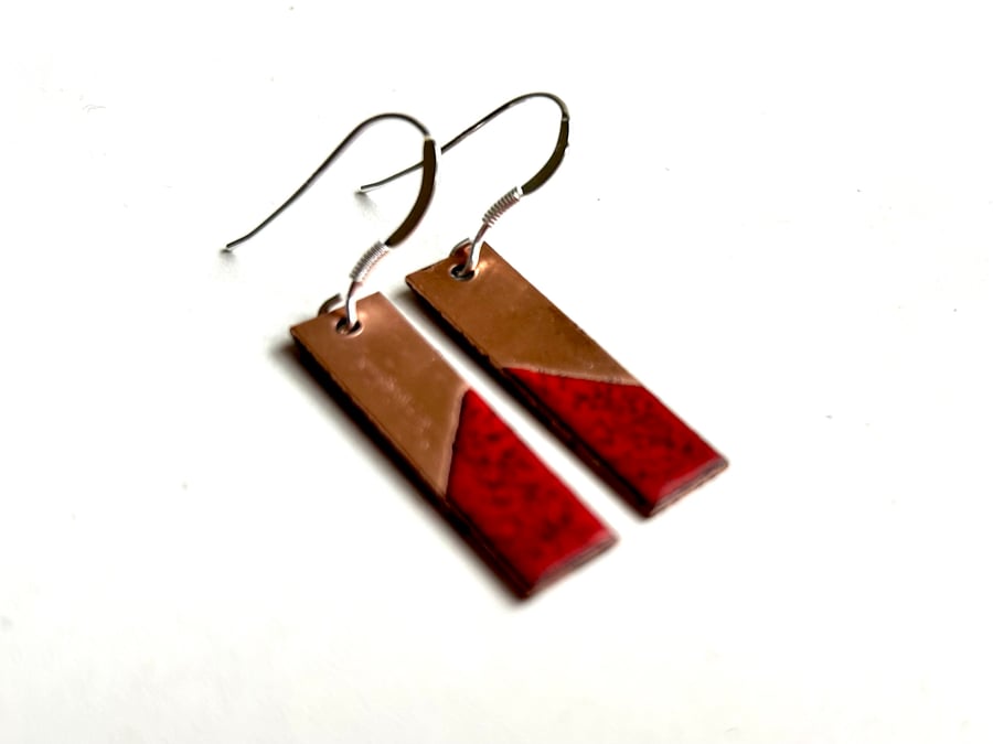 Red and Copper Enamel Rectangle Earrings Seconds Sunday Sale