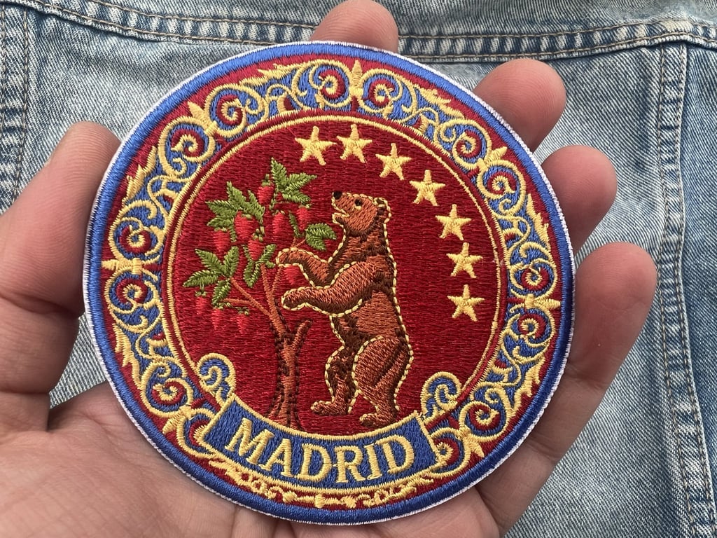 Madrid Bear & Strawberry Tree Embroidered Patch Iron On Sew On Badge