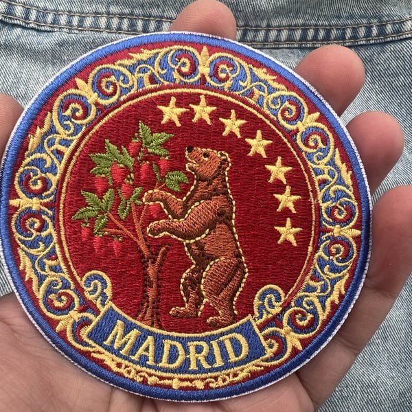 Madrid Bear & Strawberry Tree Embroidered Patch Iron On Sew On Badge