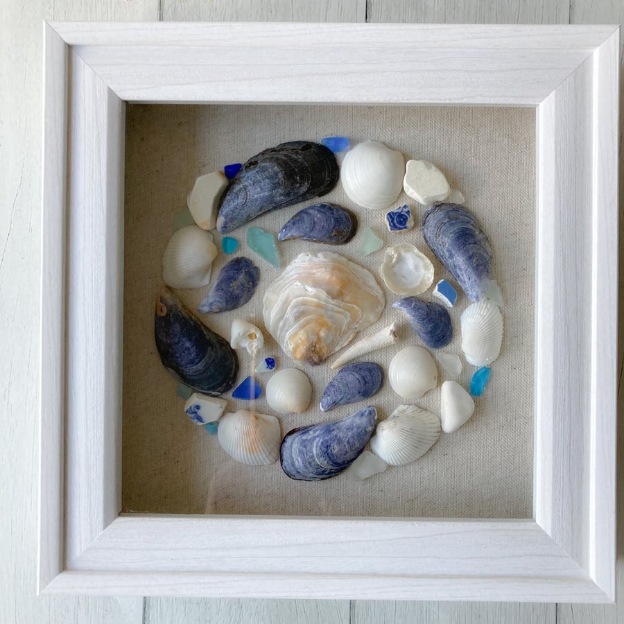 Sale-St Ives Cornwall shell, sea glass and sea pottery circle art