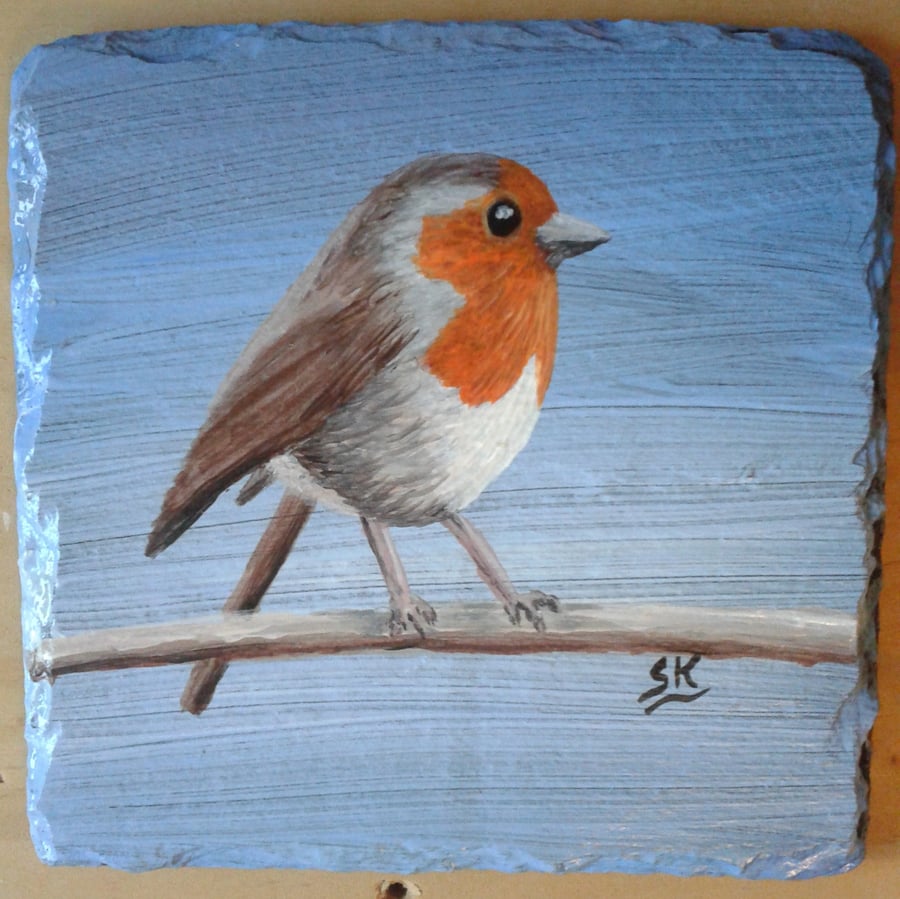 ROBIN - Hand Painted Slate Coaster 4" x 4". Painted to order
