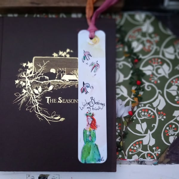 Hand drawn and painted bookmark 'winter blessings my friend '