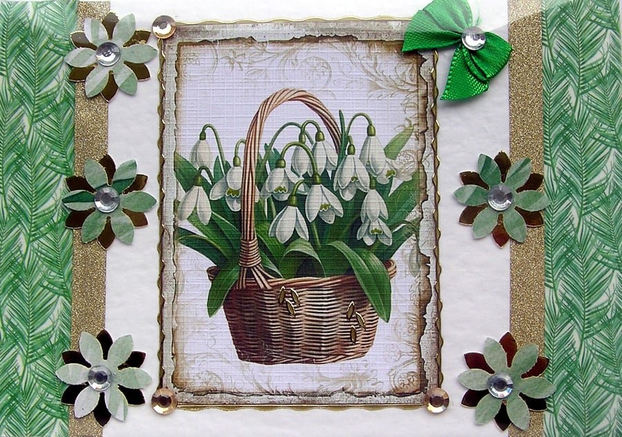 Snowdrop Flowers - Hand Crafted Decoupage Greeting Card - Blank 2823