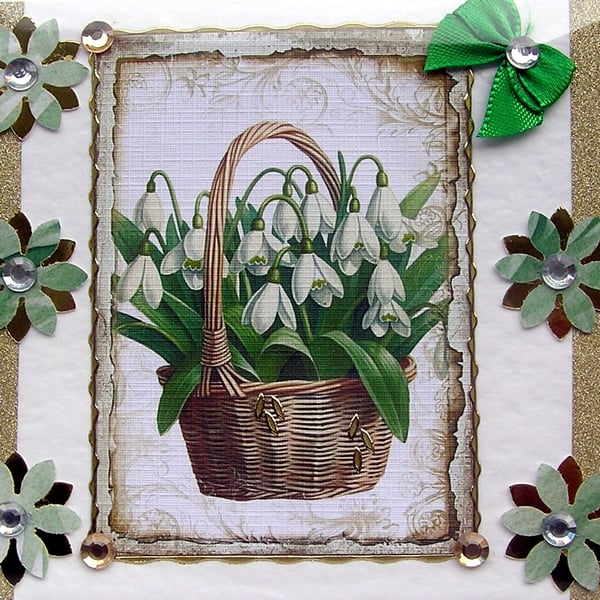 Snowdrop Flowers - Hand Crafted Decoupage Greeting Card - Blank 2823