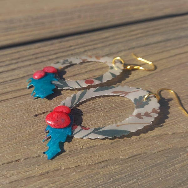 Christmas Wreath Oval with Holly Dangle Earrings